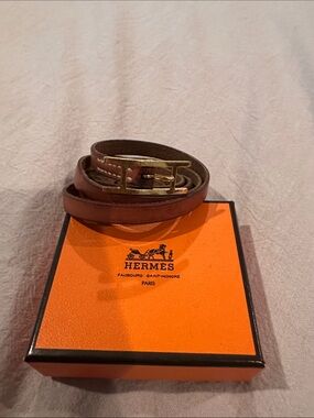 Hermes Brown Leather Double Wrap Bracelet with Gold H Buckle